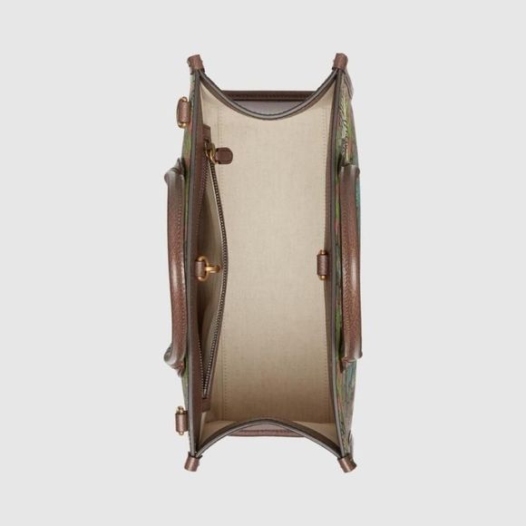 Gucci Tote Bag Beige Ebony Brown Tiger Flower Print GG Supreme Canvas Leather - Picture 6 of 7